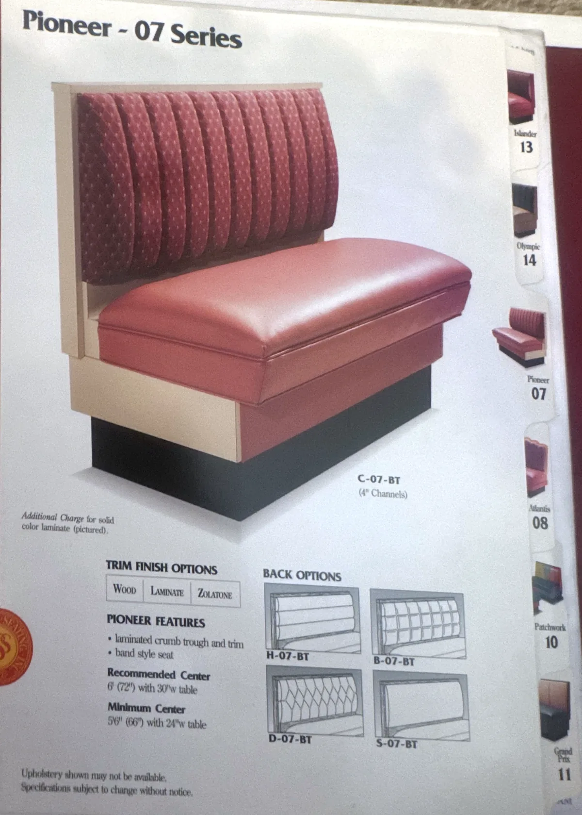 Pioneer 07 series booth specification page from the Sims catalog